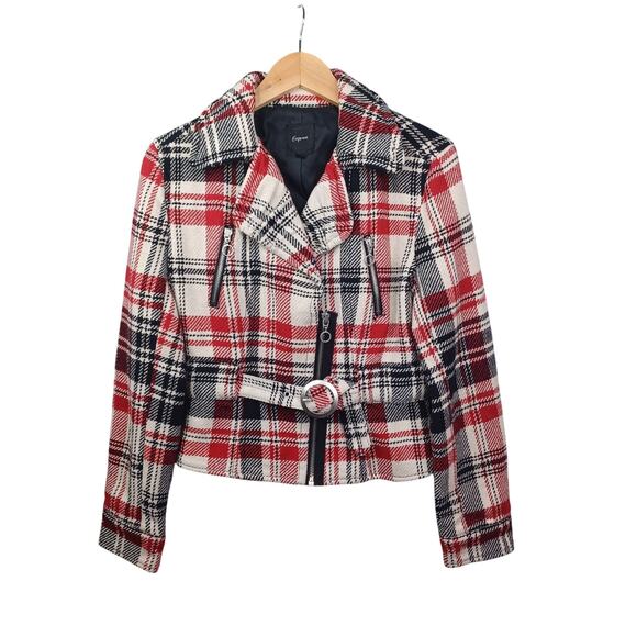 Express Women Plaid Wool Blend Moto Belted Jacket Medium Black Red Preppy Bomber - Picture 1 of 14
